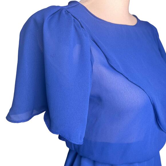 Vintage 70s Sheena Size XS Blue Sheer Chiffon Dress Ruffle Peplum Disco Career - Picture 4 of 12